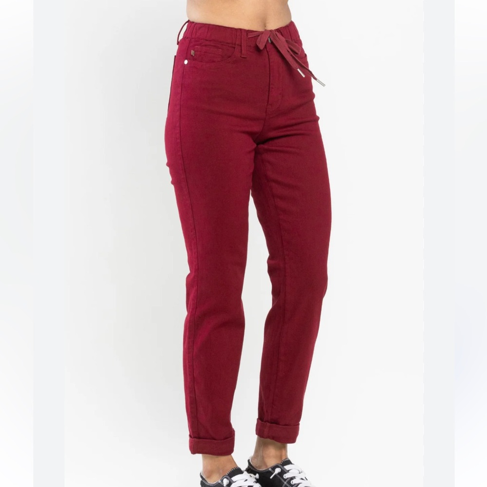 Judy Blue Wine Red Drawstring Waist  Double Cuff Joggers Jeans Pants 27